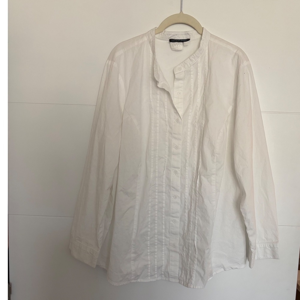 Ulla Popken White Pintuck Mandarin Collar Button Down Long Sleeve Shirt Career
